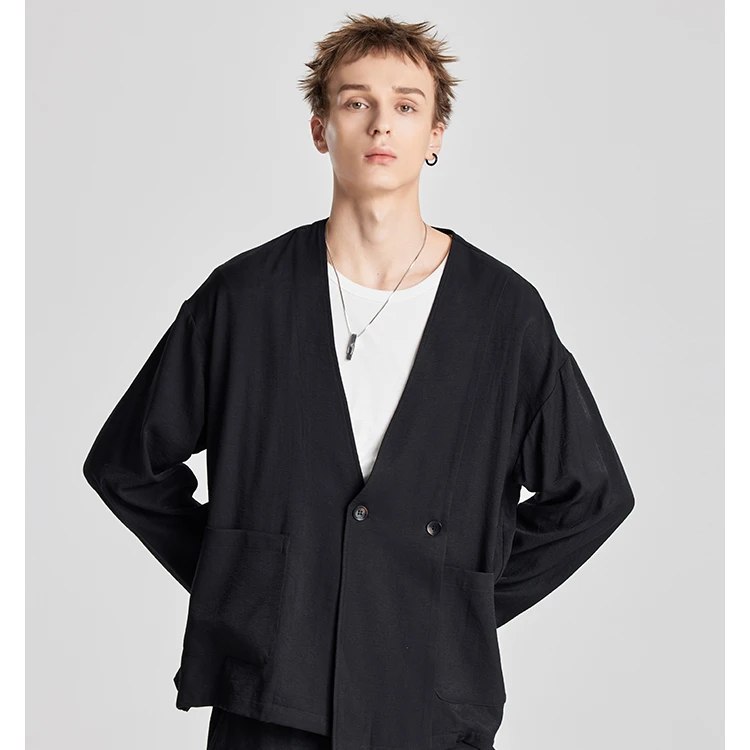 HERBEL/黑白春季西服黑色针织开衫百搭显瘦男士休闲外套潮1493