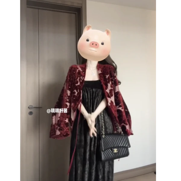 【木兰】新中式高级感气质割绒外套女春季新款复古显瘦抹胸连衣裙
