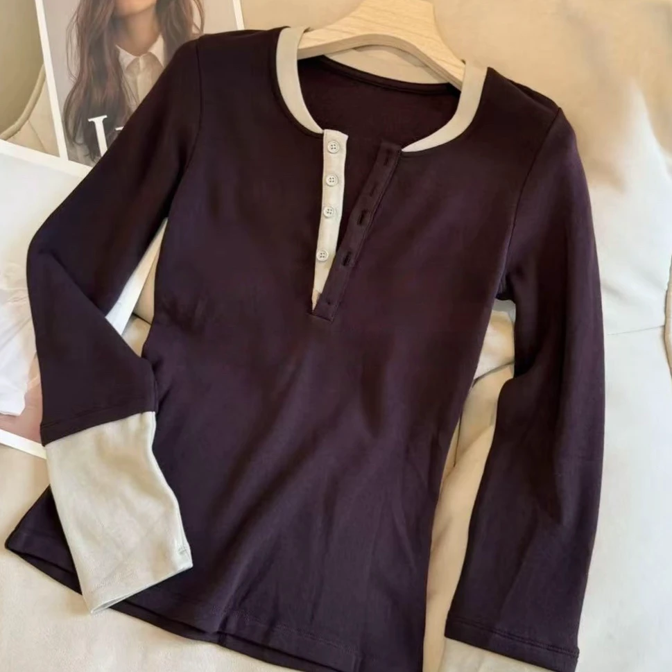 德绒韩系拼色长袖打底显瘦假两件上衣秋冬2025新款设计感修身T恤