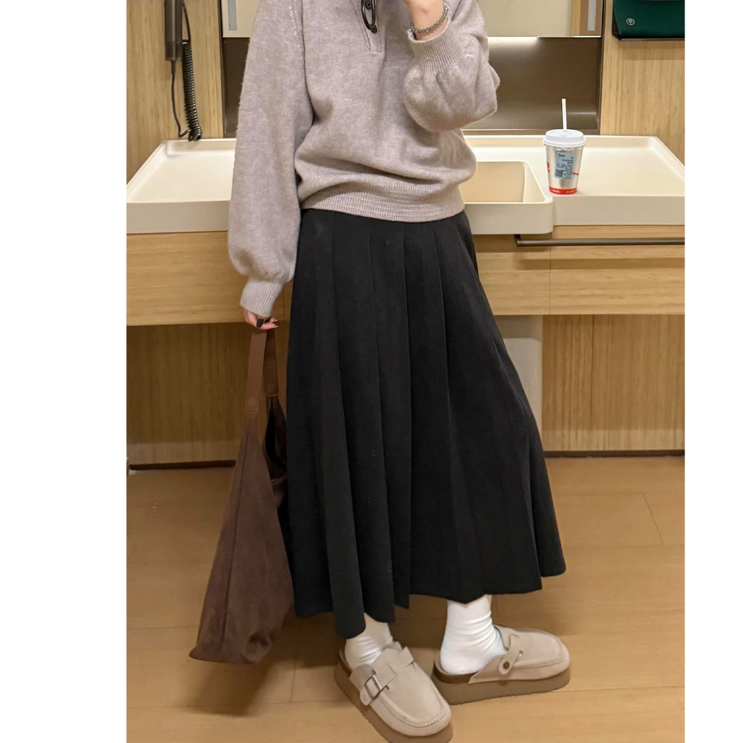 灰色毛呢百褶裙女秋冬大码胖mm高腰遮肉显瘦宽松中长款a字半身裙