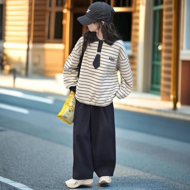 女童秋季套装2025女宝秋季洋气宽松条纹领带上衣裤子套装休闲T217