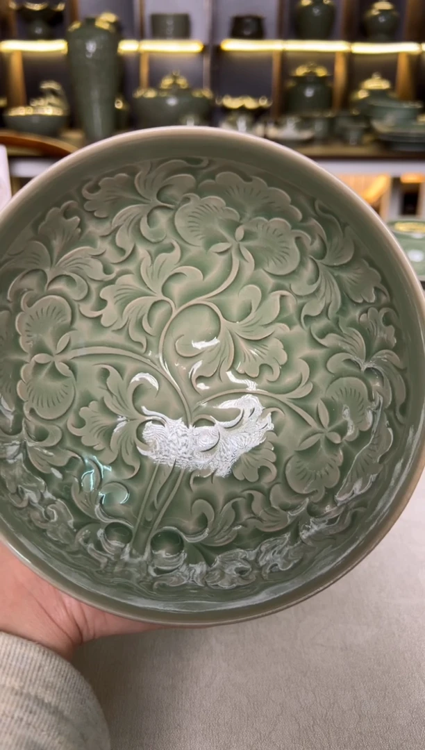 陶瓷纯手工内外双刻交织牡丹玉兰碗微瑕特价66号