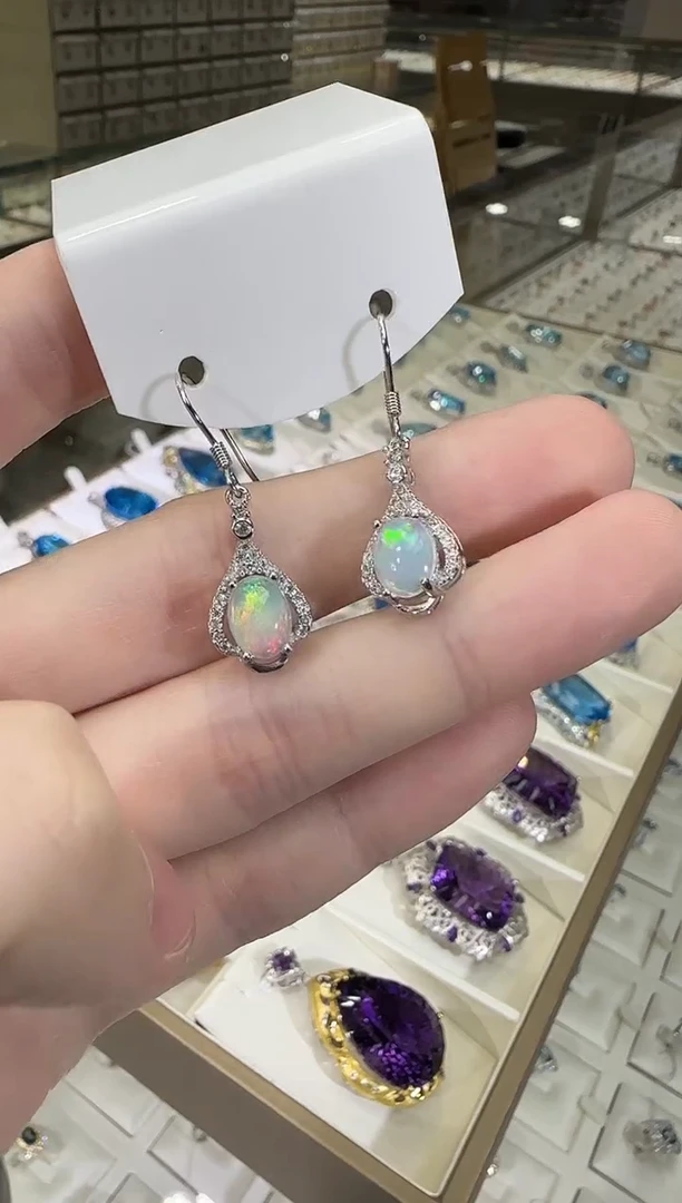 银S925镶嵌欧泊珠宝奇石9*7mm耳钩款