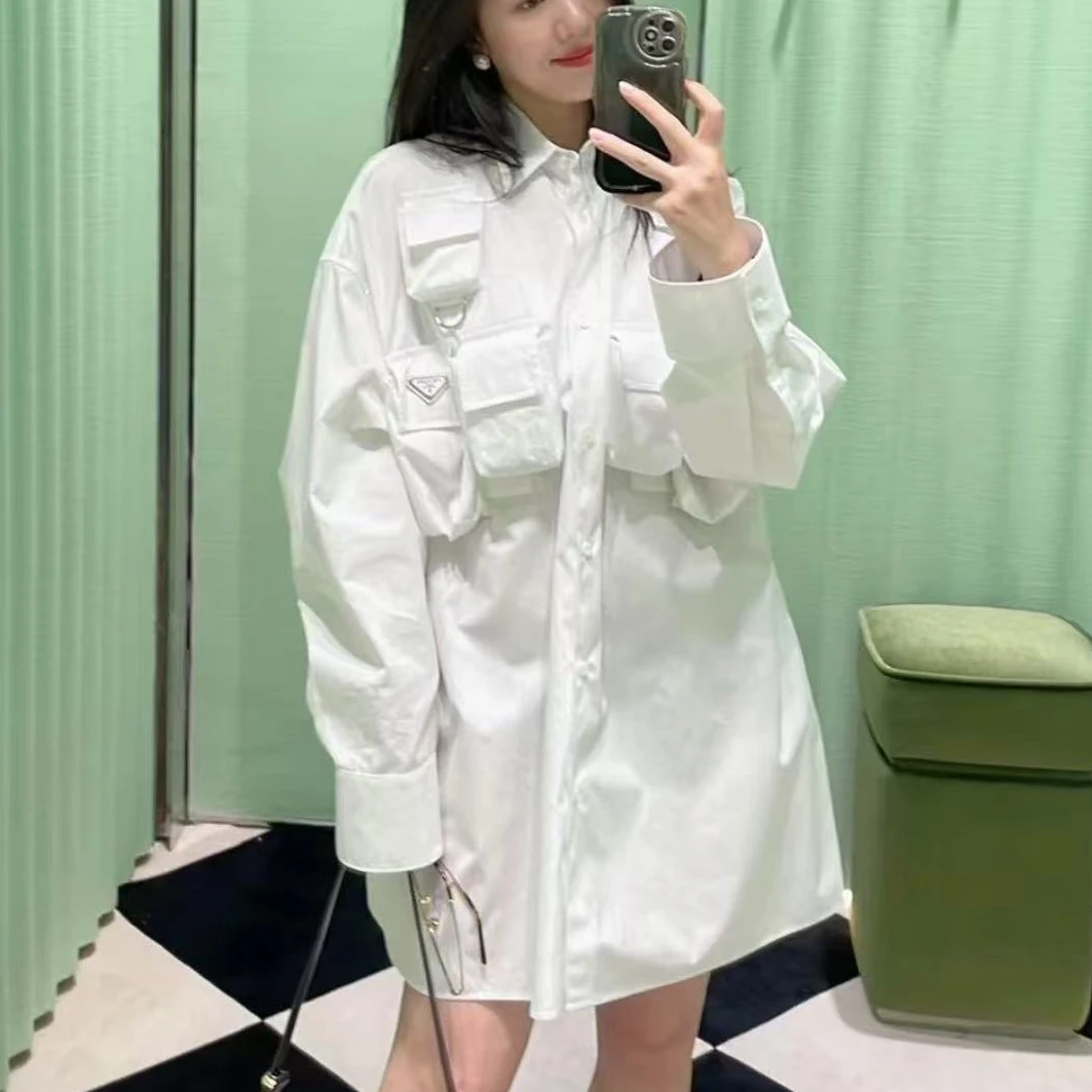 未使用 Prada/普拉达 多口袋中长款宽松长袖衬衫连衣裙
