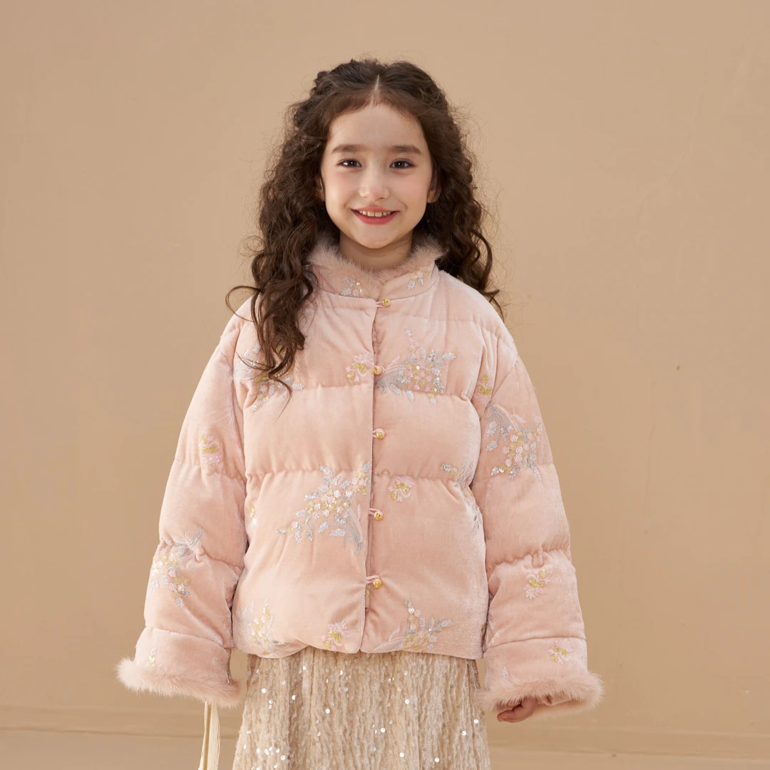 【三星安心白鸭绒】桃枝【手工珠绣】【水貂毛领】女童羽绒外套 PF51260