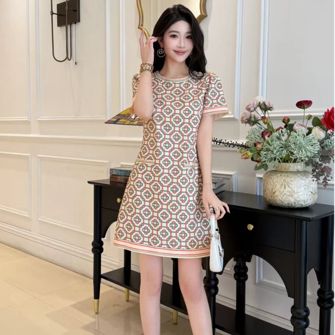 夏季新款时尚印花链条花气质显瘦休闲中长款连衣裙