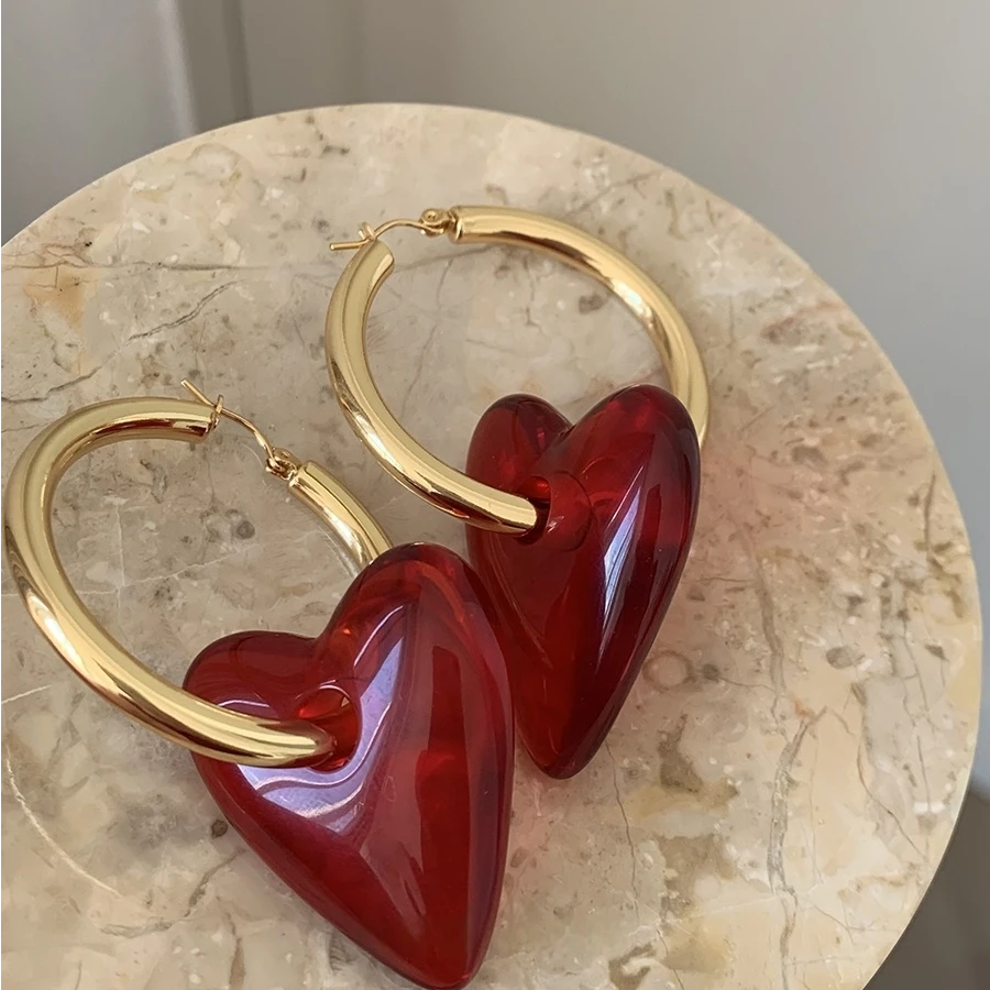 卡柒 铜合金耳饰 复古红色大爱心圈圈耳环轻奢小众设计高级感耳饰