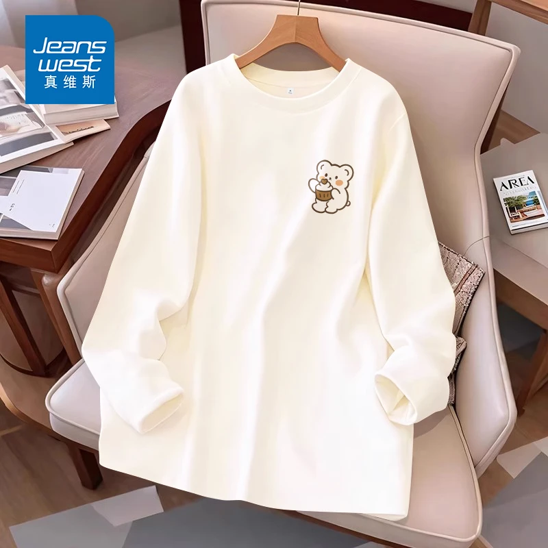 真维斯打底印花长袖女早秋爆款宽松纯棉t恤2025新款百搭时尚衣服