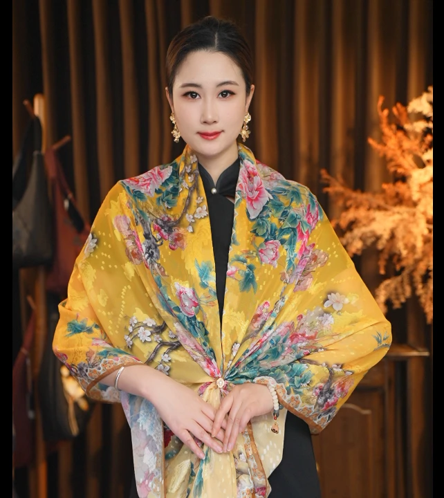 xys-161 【富贵牡丹】 香云 提花 薯莨纱 镂空  70×180 丝巾