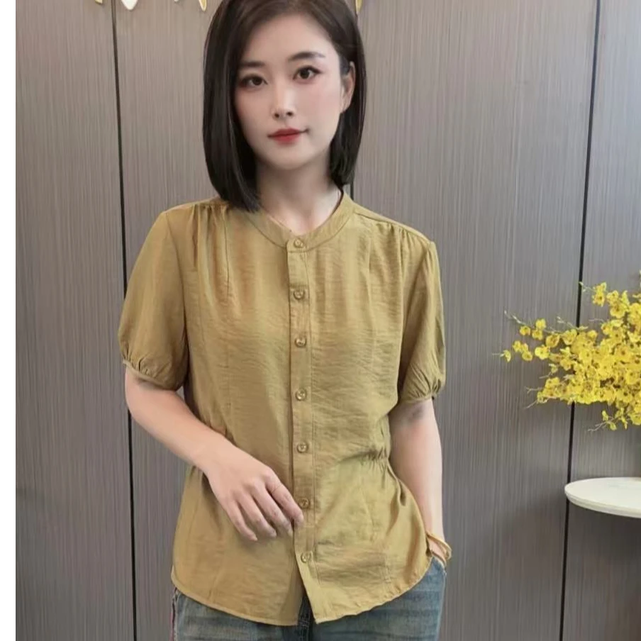 【海片】163休闲时尚短袖圆领纯色衬衫夏季百搭衬衣