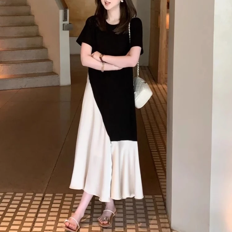 法式拼接气质短袖连衣裙女2025夏季新款设计感假两件黑色长裙0934