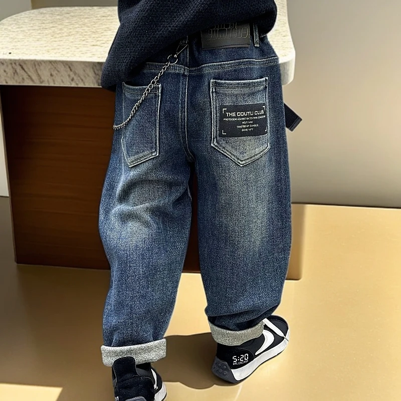 男童秋冬加阳里子百搭裤子男童老爹裤儿童韩版休闲宽松时尚牛仔裤