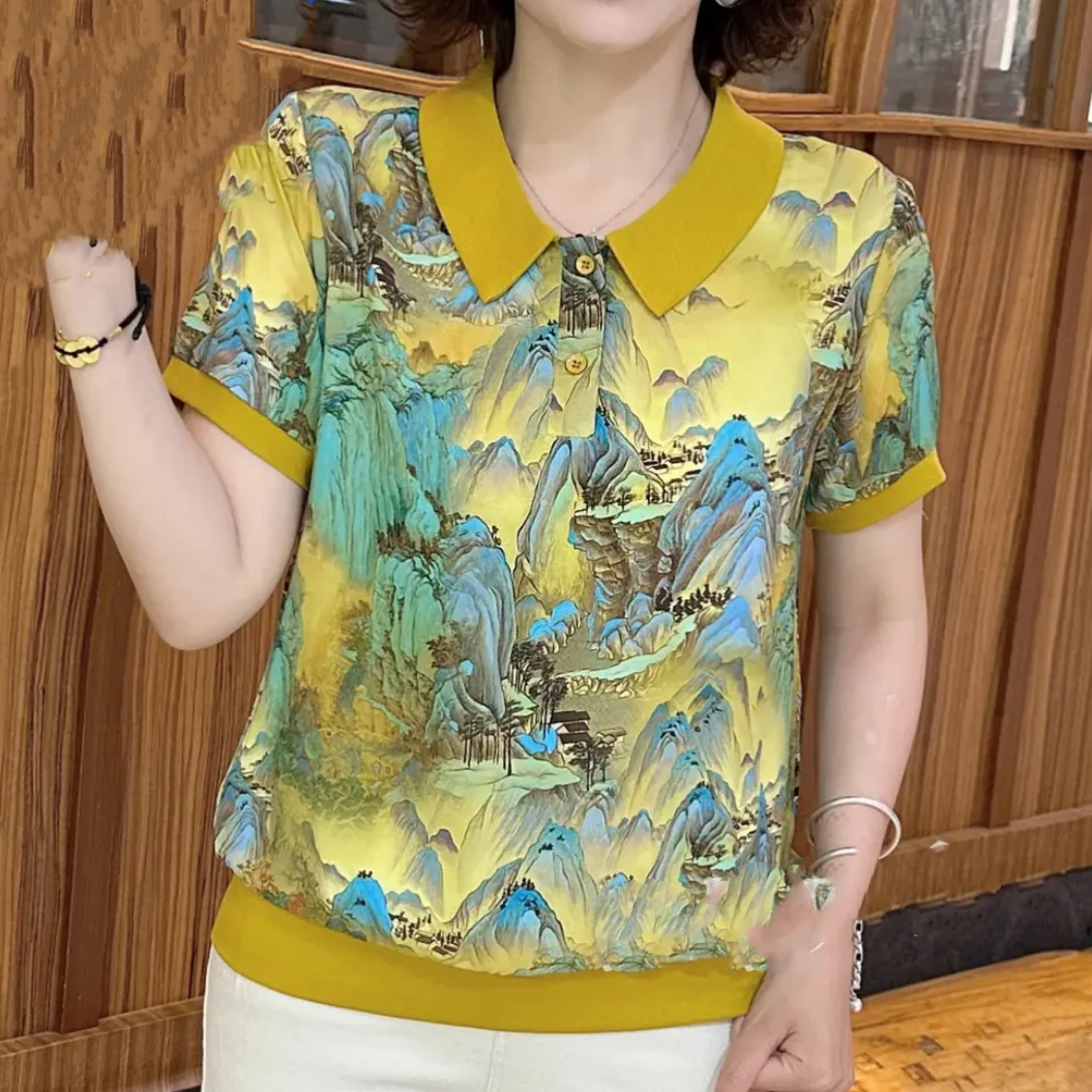 夏季新款时尚中老年妈妈装短袖T恤气质印花显瘦减龄娃娃领上衣女