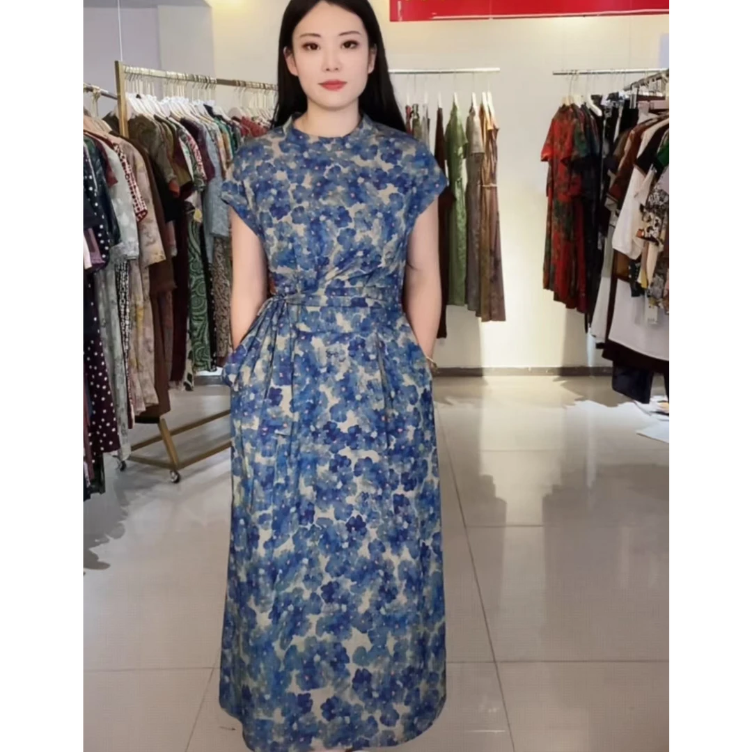 0623蓝色烟雨女装连衣裙透气裙子妈妈装夏装洋气显瘦气质休闲夏季