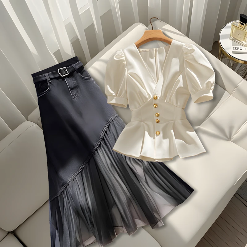 2025夏季新款欧若风气质法式大气显瘦短袖上衣黑色拼接半身裙套装