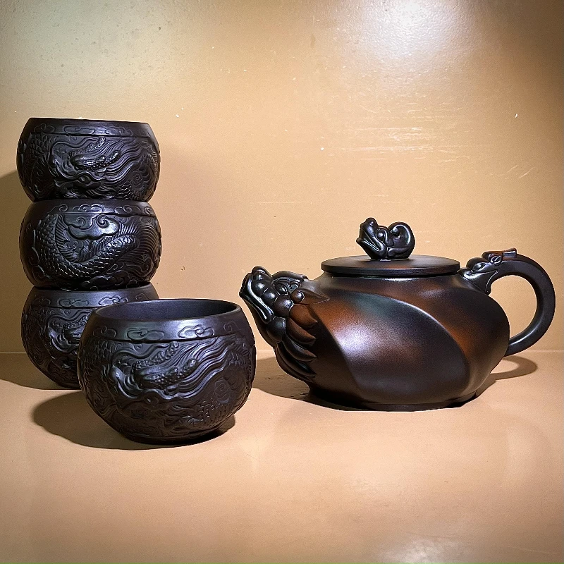 紫陶龙头老大凤鸣壶【配4个紫砂龙主人杯】D47
