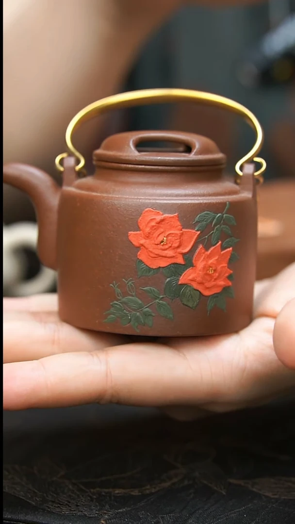 茶壶紫砂紫泥红玫瑰牛盖提梁壶