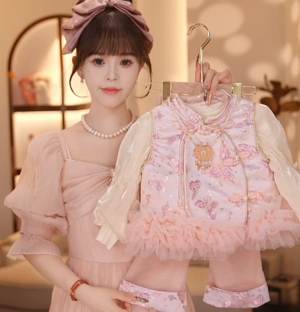 【Y.g8612】2025秋季新款女童复古国风套装女宝重工长裤套装提花