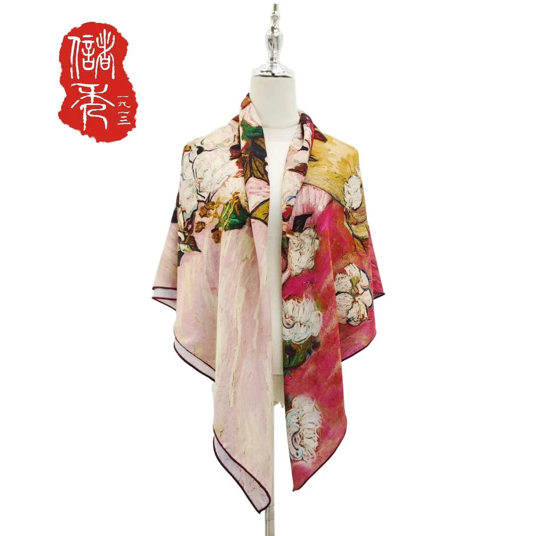 【白玫瑰】-储秀140双面丝羊绒大方巾双面双色印花方巾135*135cm