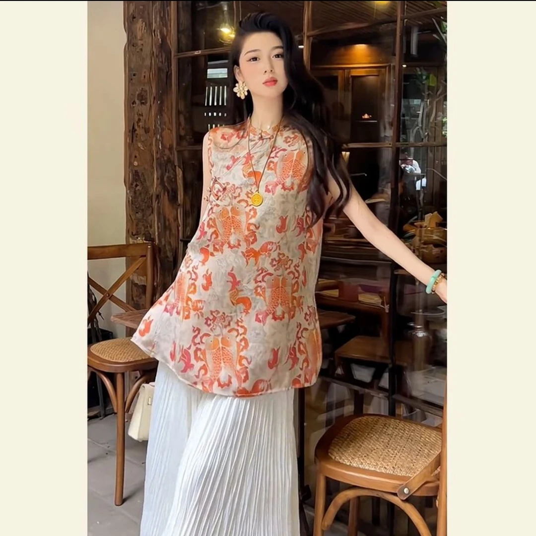 薄款无袖上衣女装网红碎花提花ins夏季民族风圆领