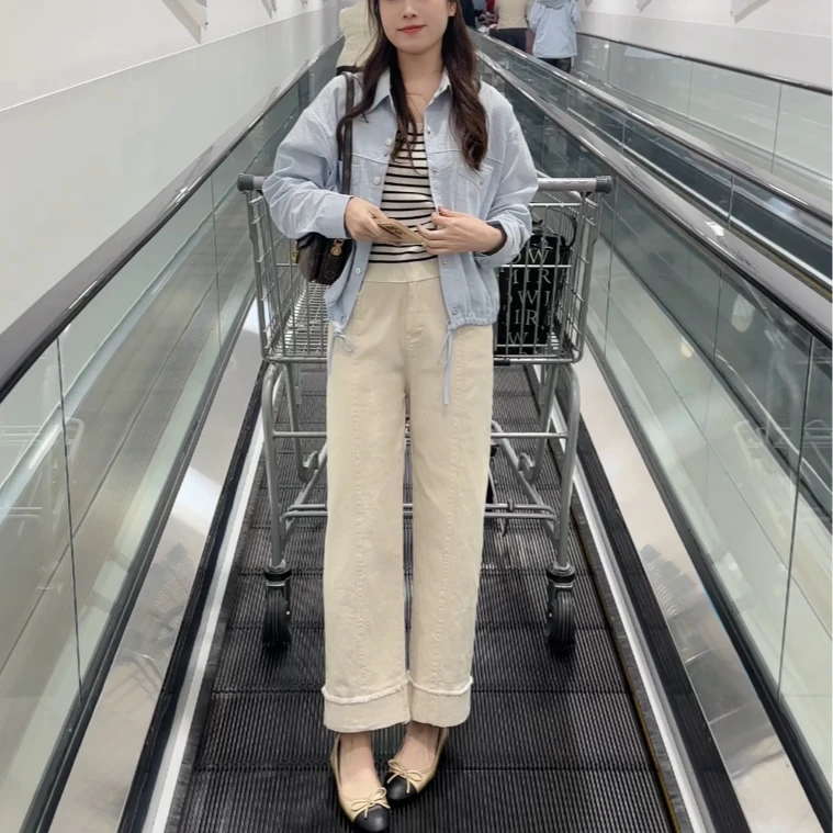 晴晴家  弹力特色流苏裤脚宽松阔腿直筒洗水牛仔棉裤