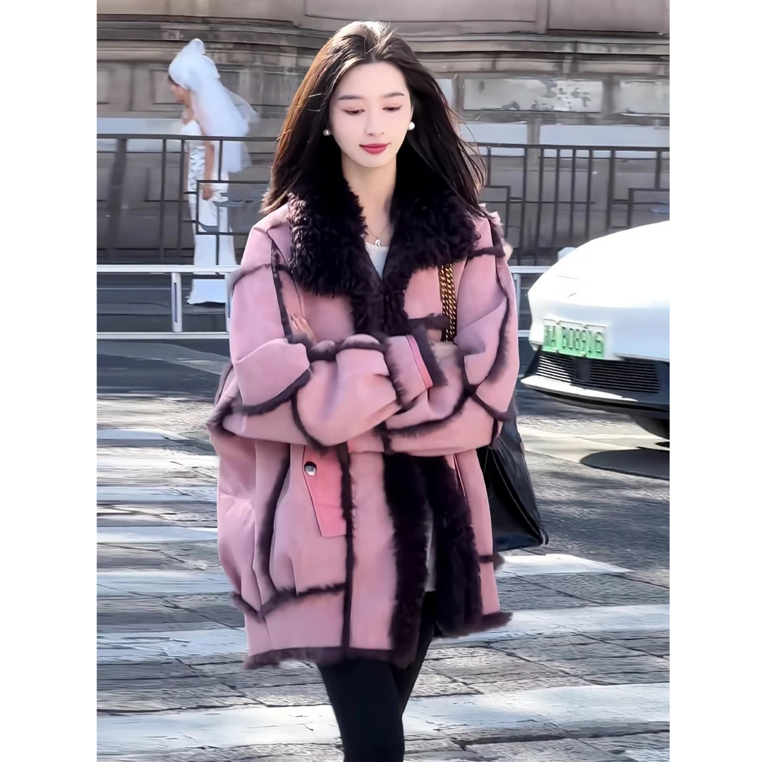 皮毛一体拼接百搭中长款毛呢外套女冬新款高级感加绒加厚保暖大衣