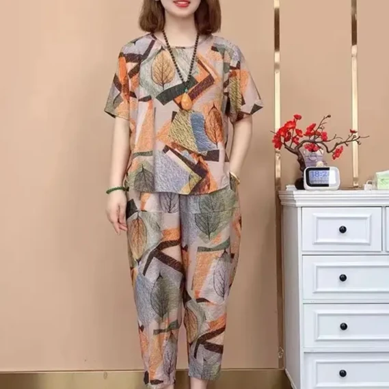 F261中年妈妈夏装时尚休闲条纹短袖套装女中老年人夏季薄款两件套