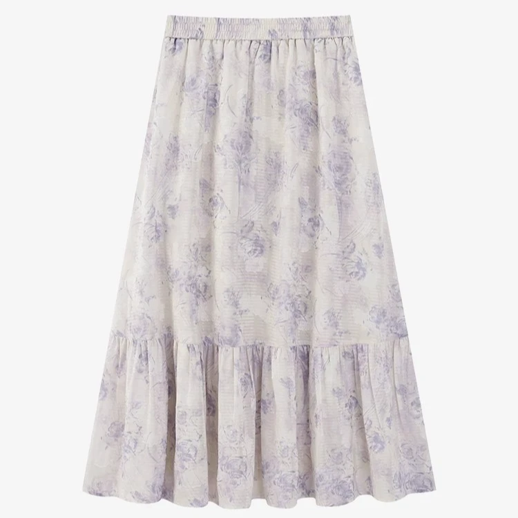 羊城故事-紫色甜美碎花半身裙高腰宽松遮肉显瘦长裙Y50348572