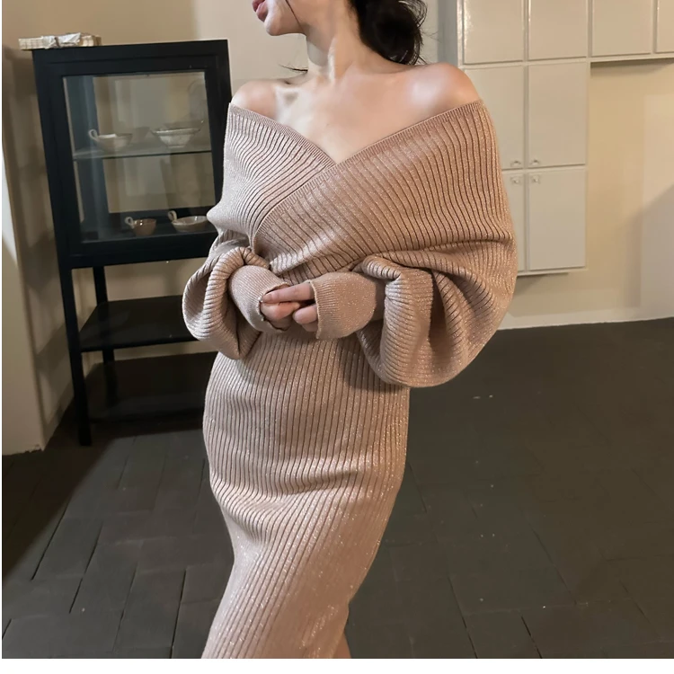 SAITPATID/锡特帕第气质针织长袖连衣裙法式过膝毛衣裙女秋冬打底