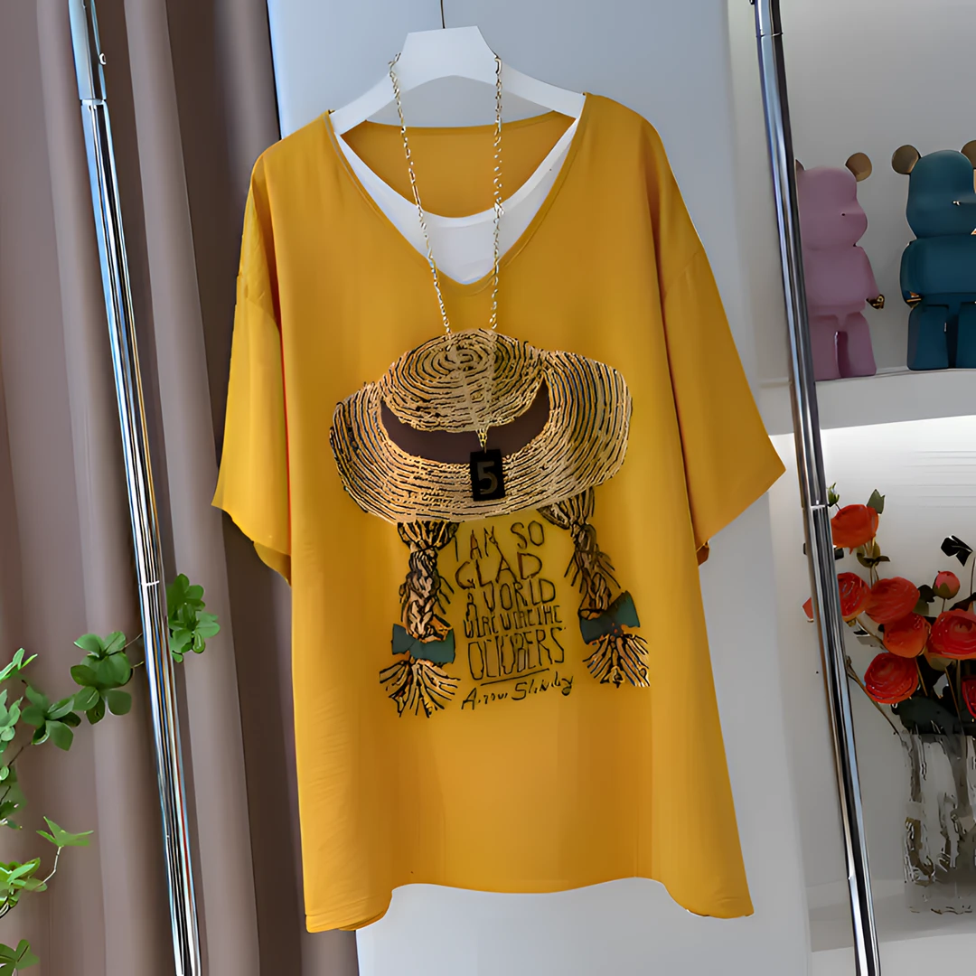夏季2025质感唯美小草帽印花时尚休闲宽松大码女装T恤设计师百搭