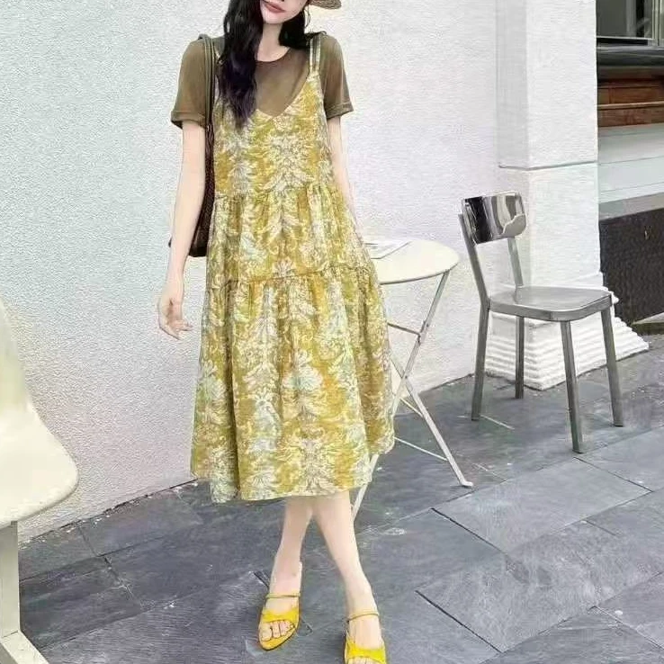 【锦衣服饰】BLSS 5852韩系吊带印花假两件连衣裙