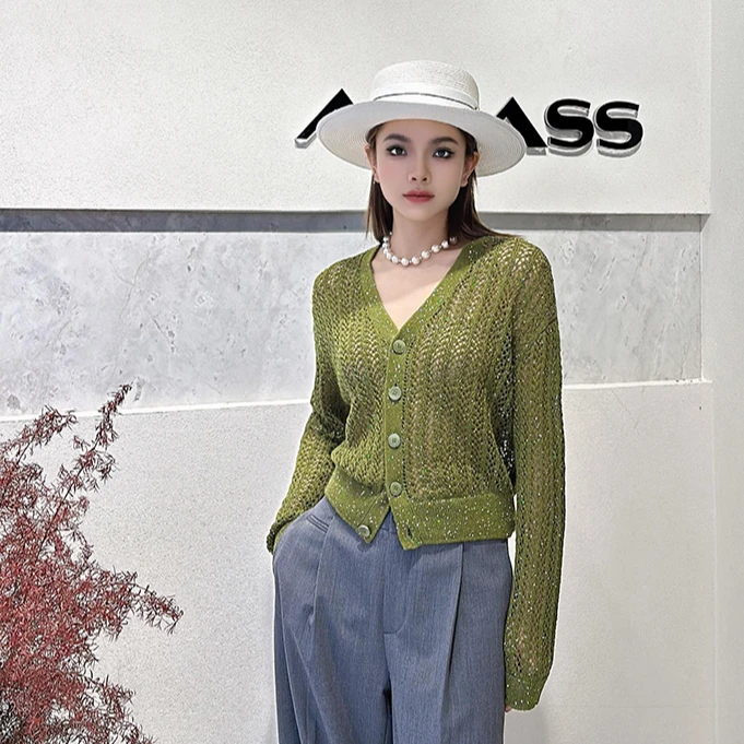 AMASS/阿玛施夏季亚麻细闪薄款镂空气质短款长袖针织开衫5499257