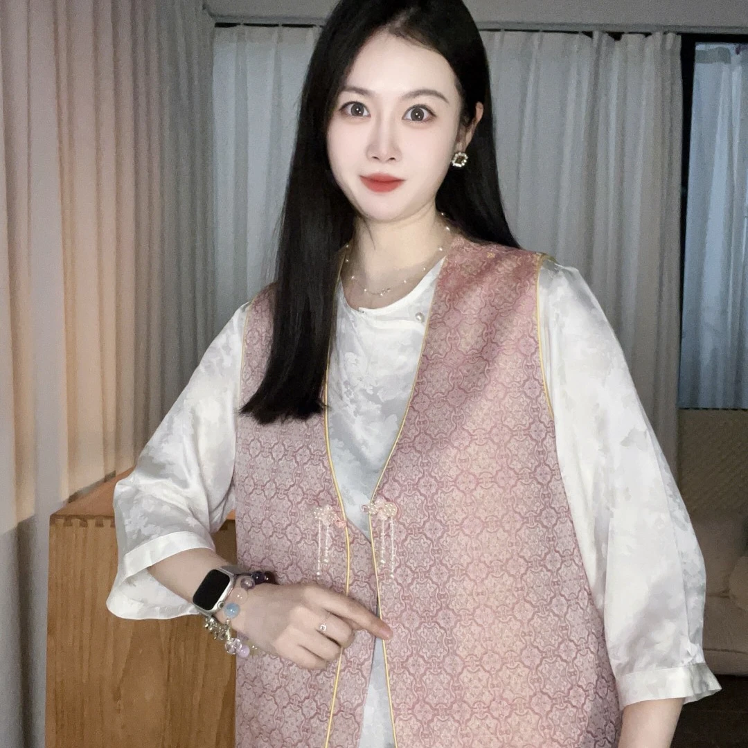 蚕丝宋锦粉定胜v领马甲