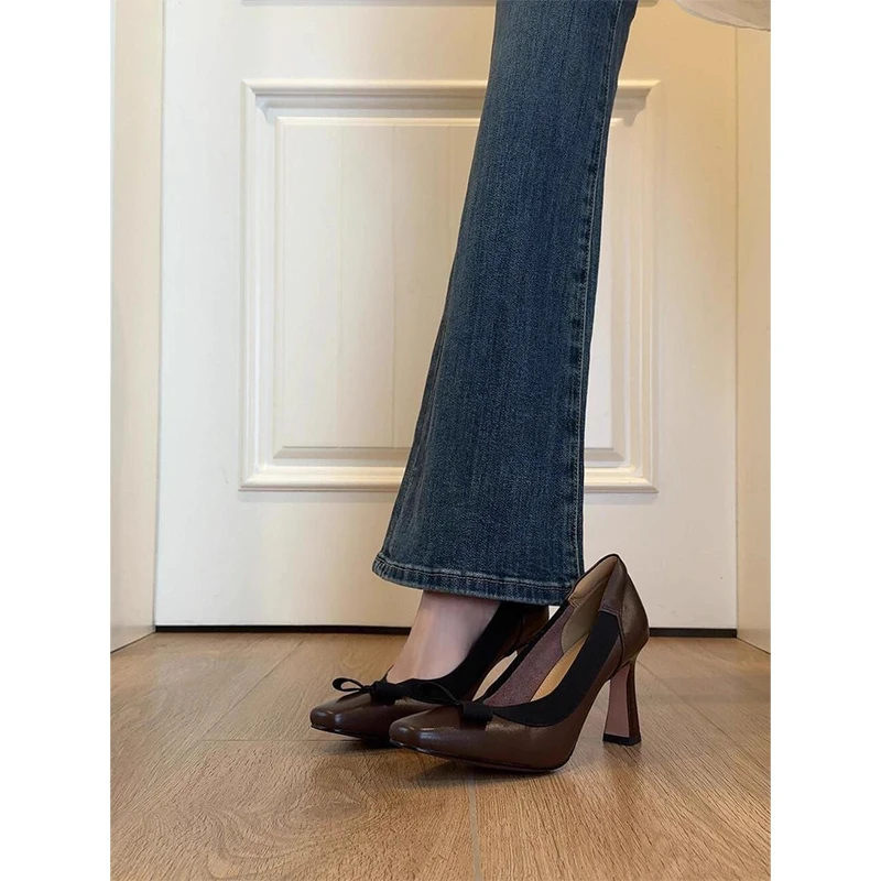 羊皮版~复古文艺风气质通勤百搭粗跟高跟鞋女时尚优雅蝴蝶结单鞋