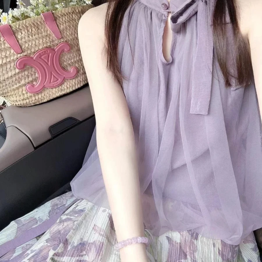 新中式国风套装裙子女夏季温柔气质紫色削肩网纱上衣配半裙两件套