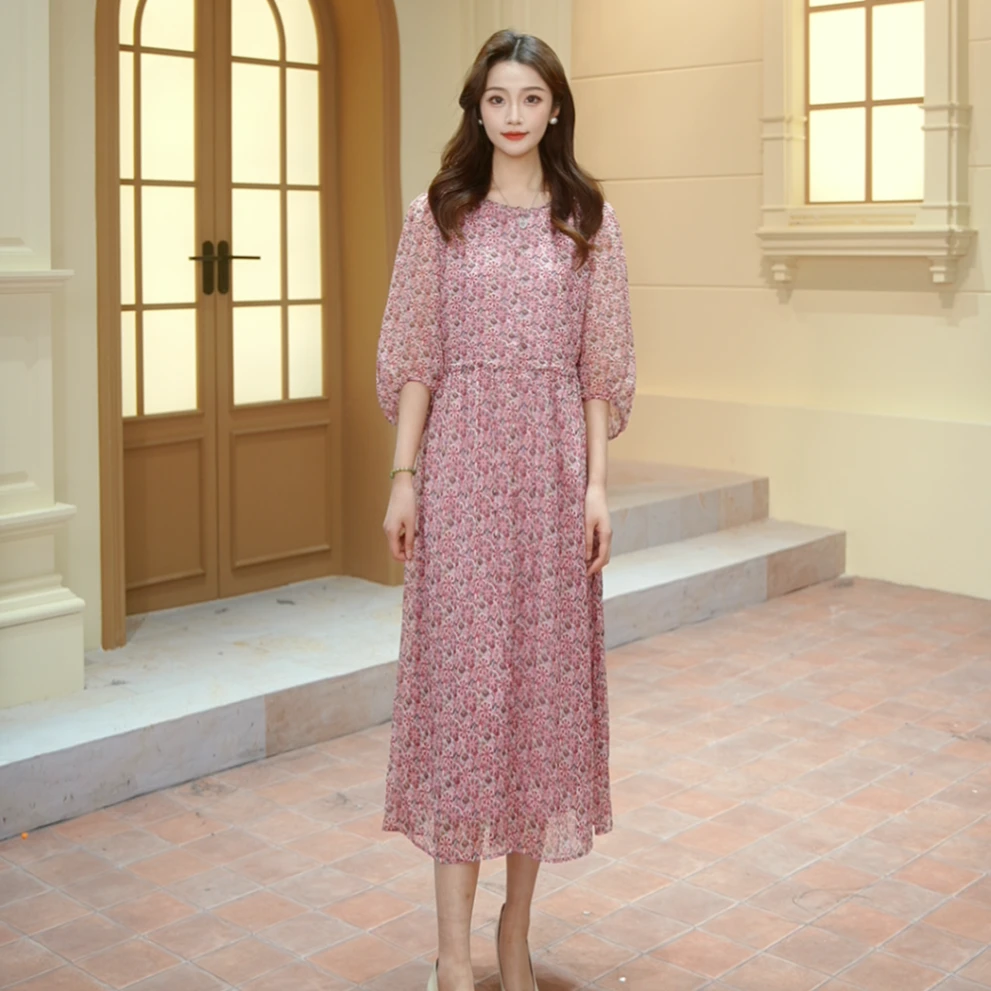 玖姿安娜蔻收腰连衣裙女气质印花单排扣圆领雪纺2025夏KWFX50084