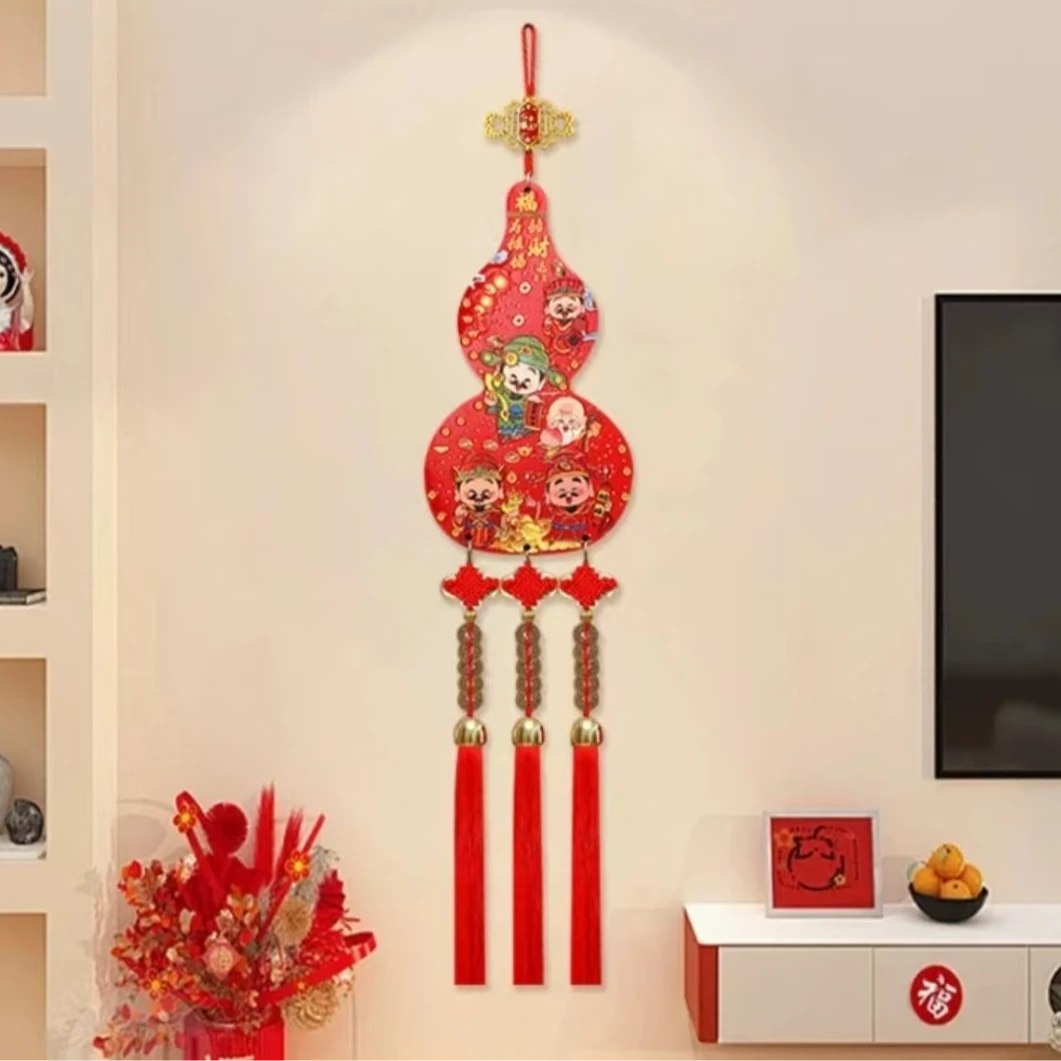 五路财神葫芦挂件 入户大门中国结实木吉祥挂饰