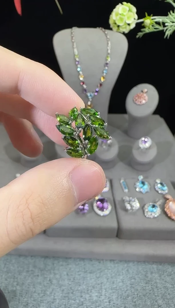戒指透辉石银S925镶嵌3*4mm麦穗戒指