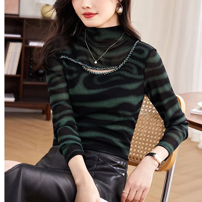 加绒秋冬季新款半高领长袖网纱内搭打底衫保暖洋气小衫显瘦百搭