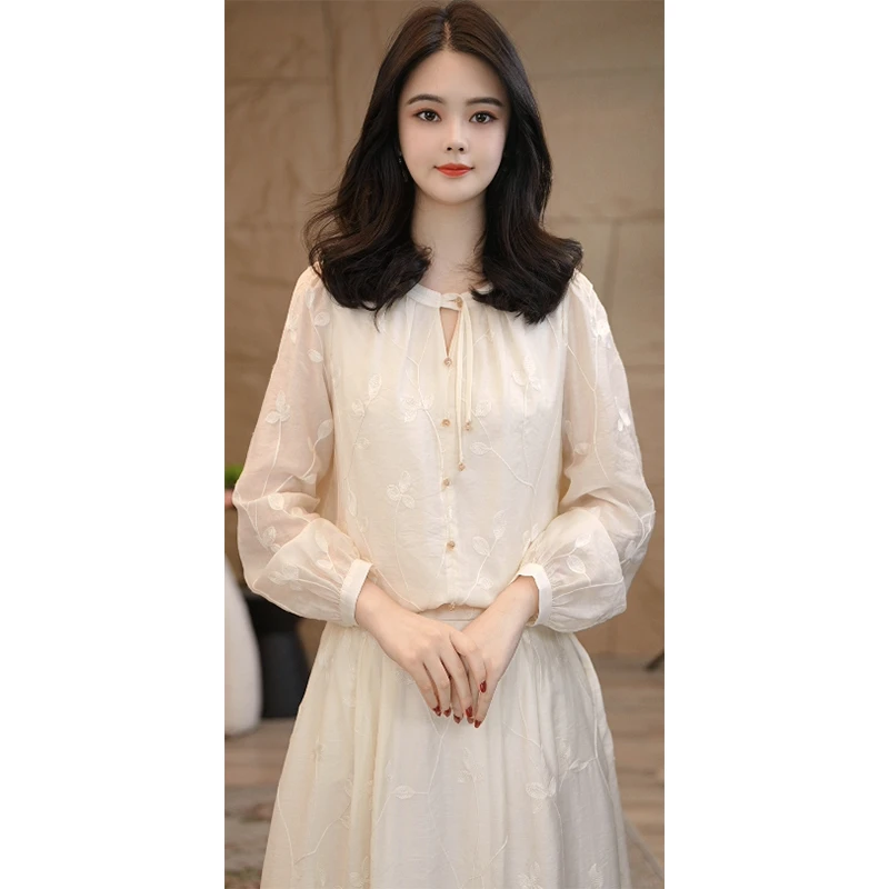 【小陈甄选】25复古套装品质爆款衬衣+裙子2593222奶油米长袖