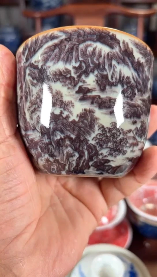 柴窑釉里红山水缸杯