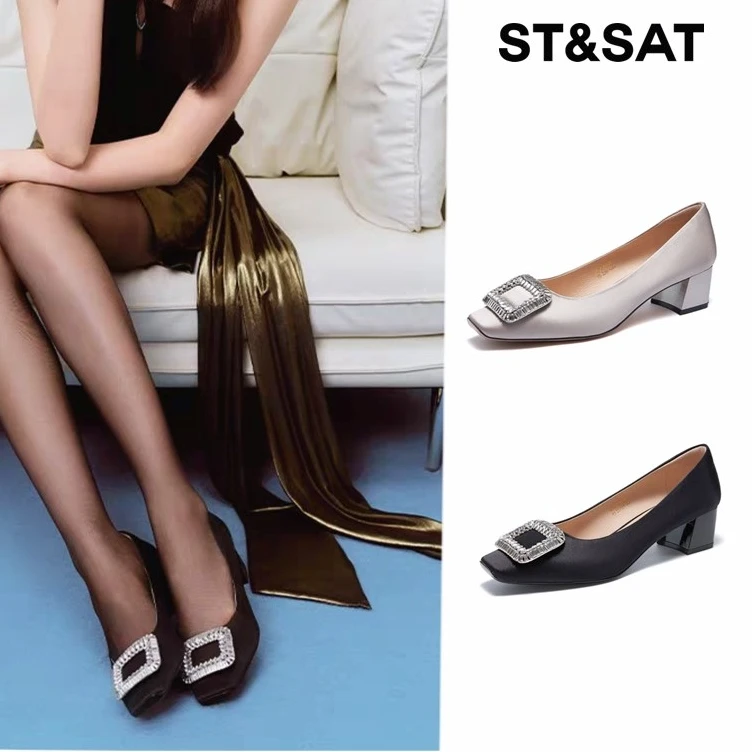 【璀璨风华】星期六经典方头水晶扣高低跟可选浅口单鞋1027/1028