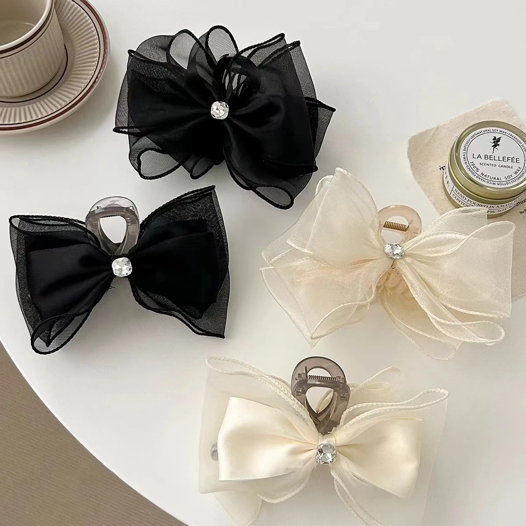 韩式蝴蝶结水钻网纱抓夹发饰发夹女 后脑勺盘发高级感鲨鱼夹头饰