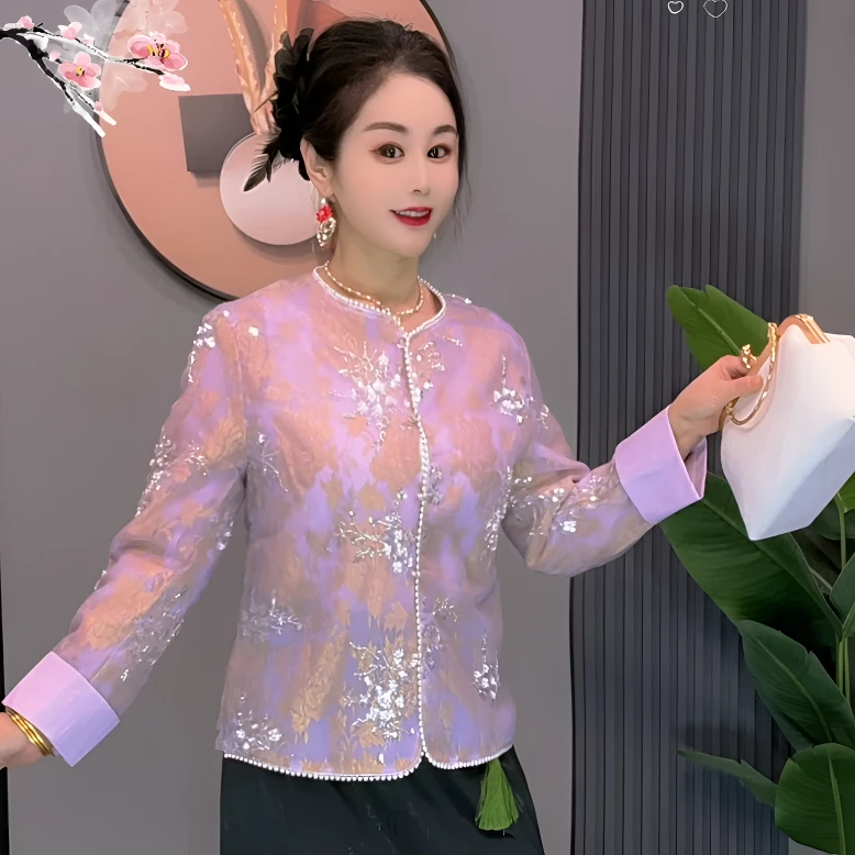 秋季夏季防晒短外套圆领中国风女装绣花亮片长袖上衣刺绣穿珠显瘦