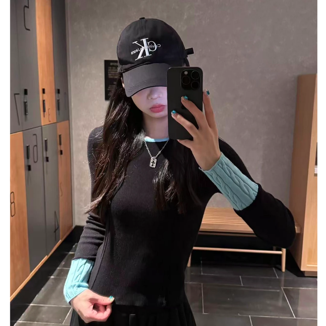 【夏春茶】秋冬季美式复古撞色拼接设计感显瘦修身圆领针织打底衫