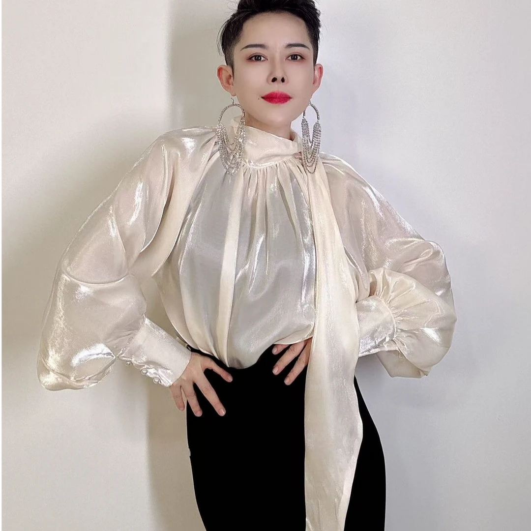 2025年春季新款法式气质蝴蝶结泡泡袖系带长袖雪纺衬衫女洋气衬衣