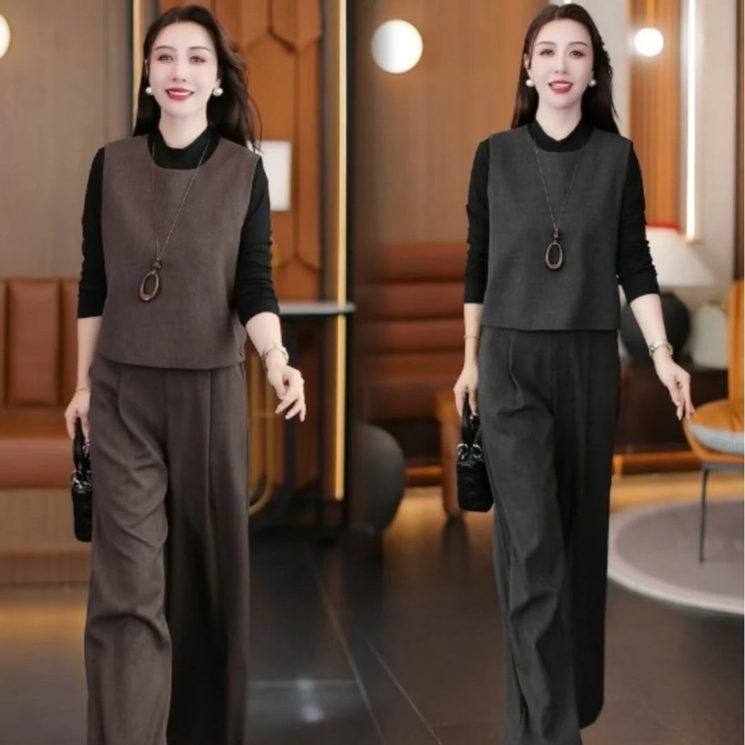 时尚休闲套装女2025秋季新款洋气减龄显瘦马甲打底衫阔腿裤三件套