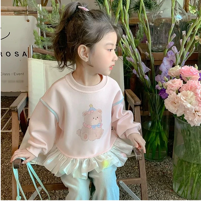 【新疆包邮】春季新款小熊花边彩球卫衣J400