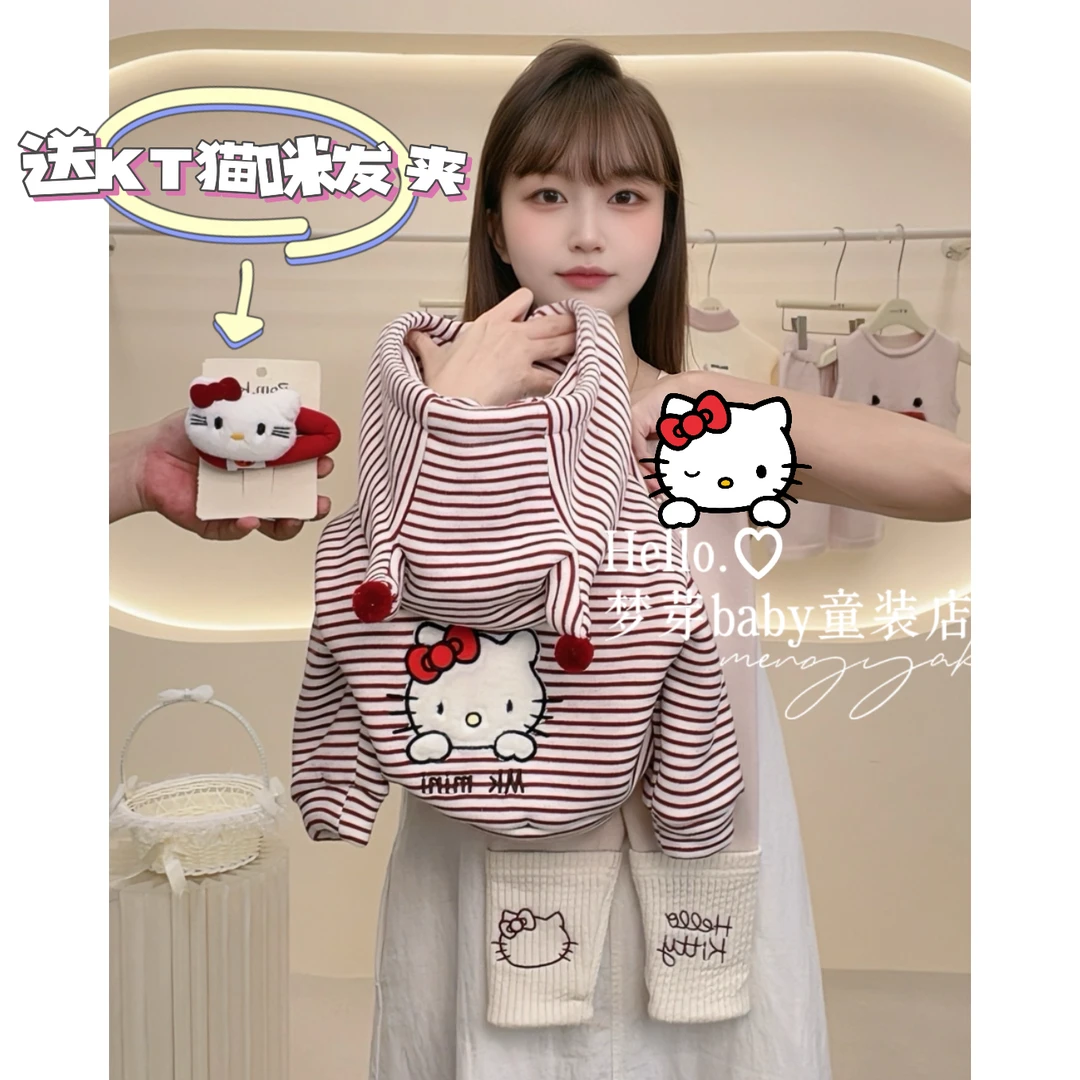 女童kt猫套装条纹外套拉链衫秋冬卡通打底加绒加厚韩版百搭两件套