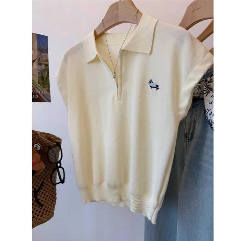 韩系蓝色半拉链polo领针织短袖t恤女夏季高级感短款冰丝上衣正肩